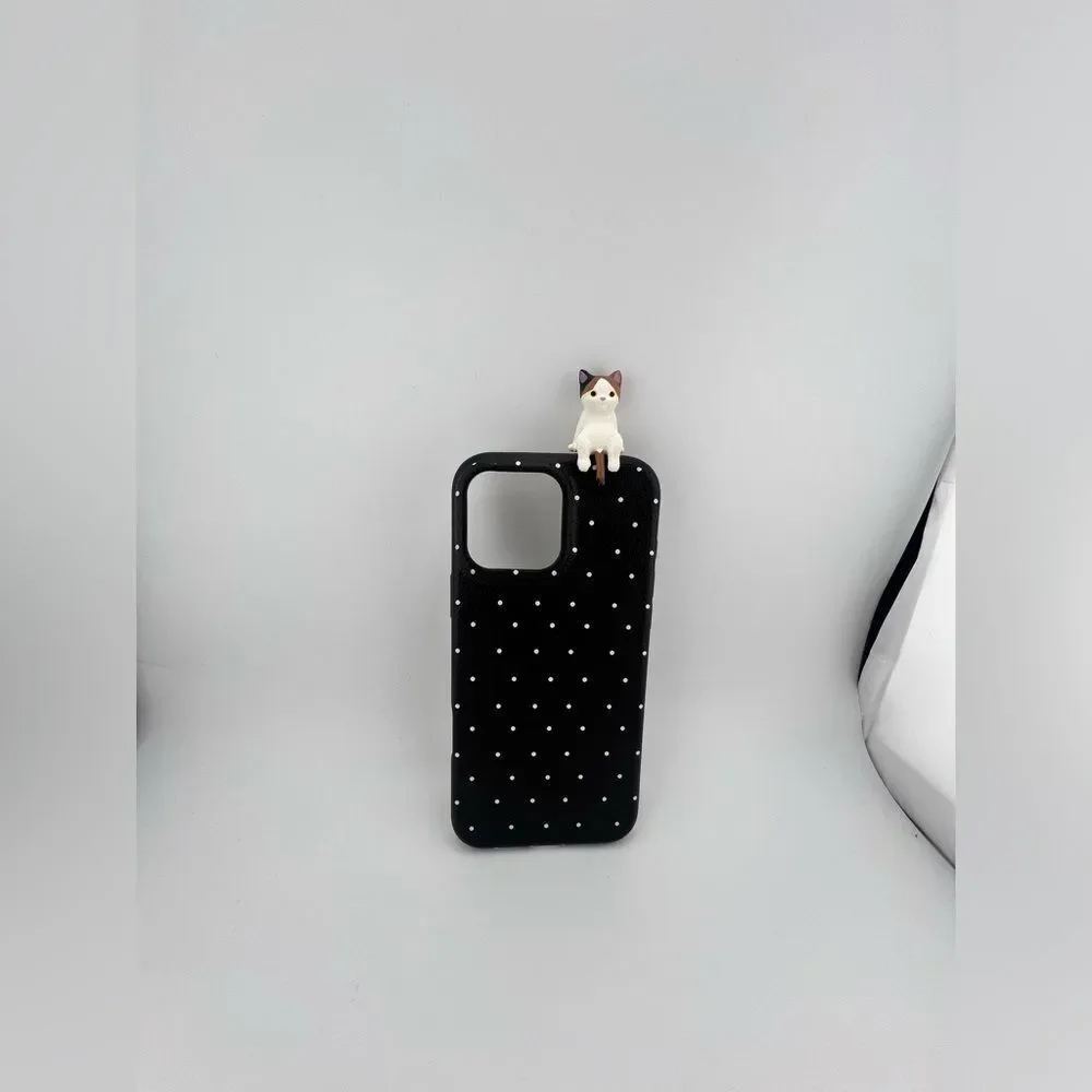 iPhone 16 Pro Max Case – Polka Dot Black with 3D Cat | Cute & Protective